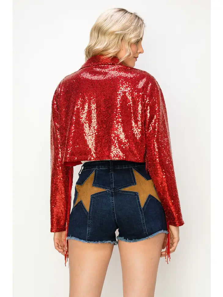 Red Sequin Fringe Moto Jacket