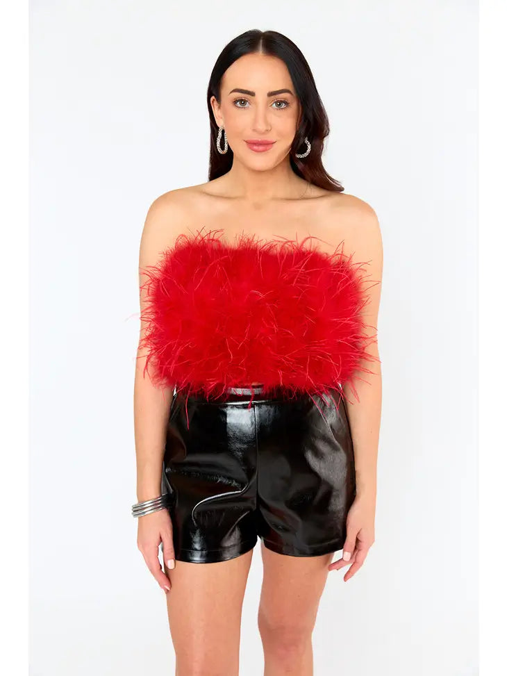 Fancy Crimson Strapless Feather Top