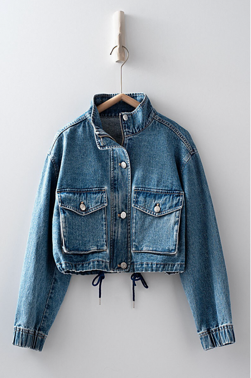 Utility Cropped Drawstring Hem Stand Collar Denim Jacket