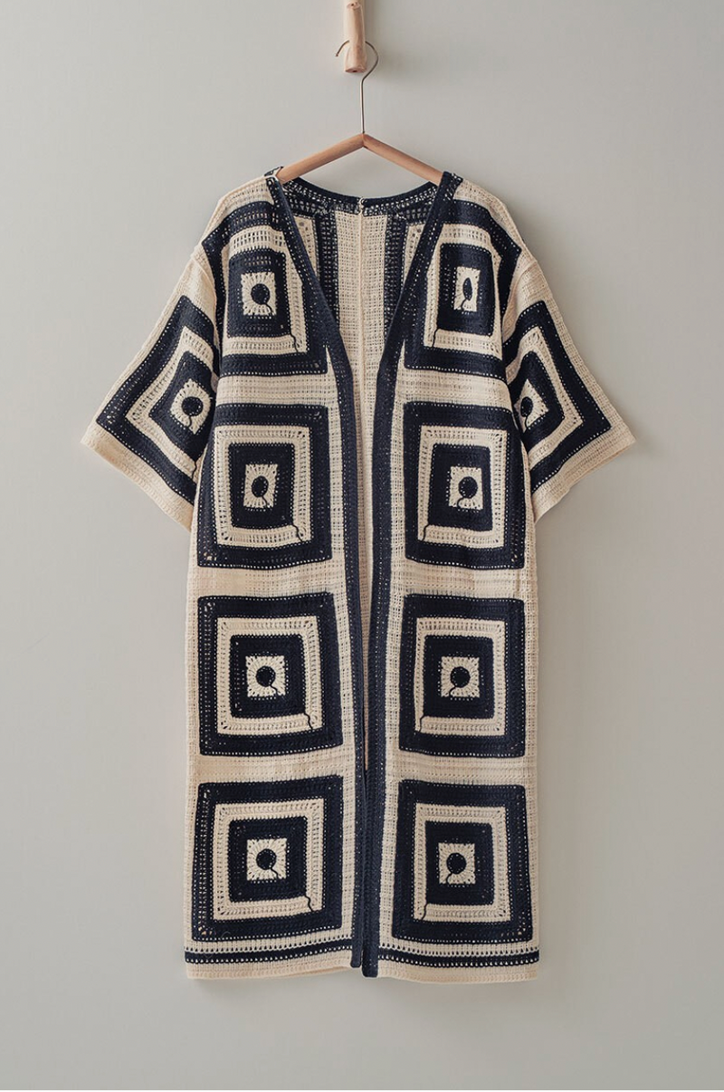 Geometric Crochet Midi Length Open Front Cardigan