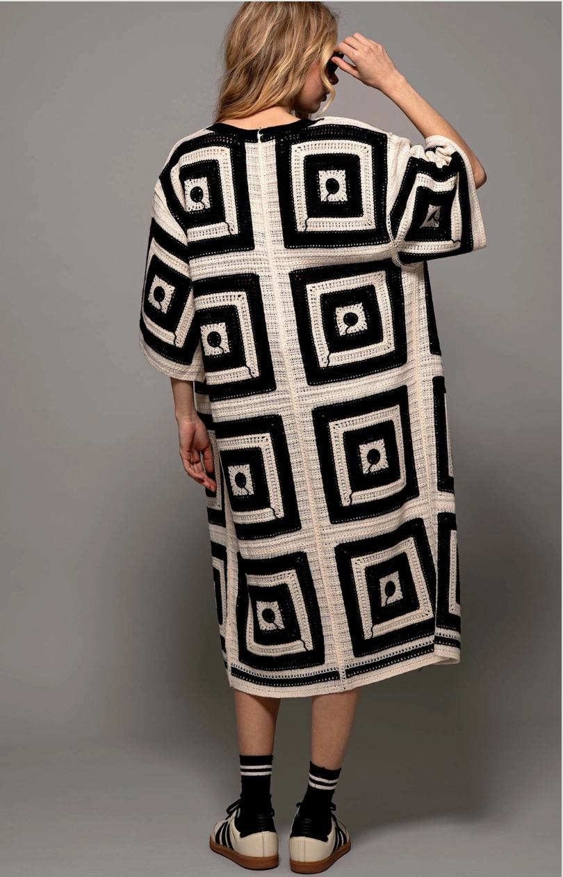 Geometric Crochet Midi Length Open Front Cardigan