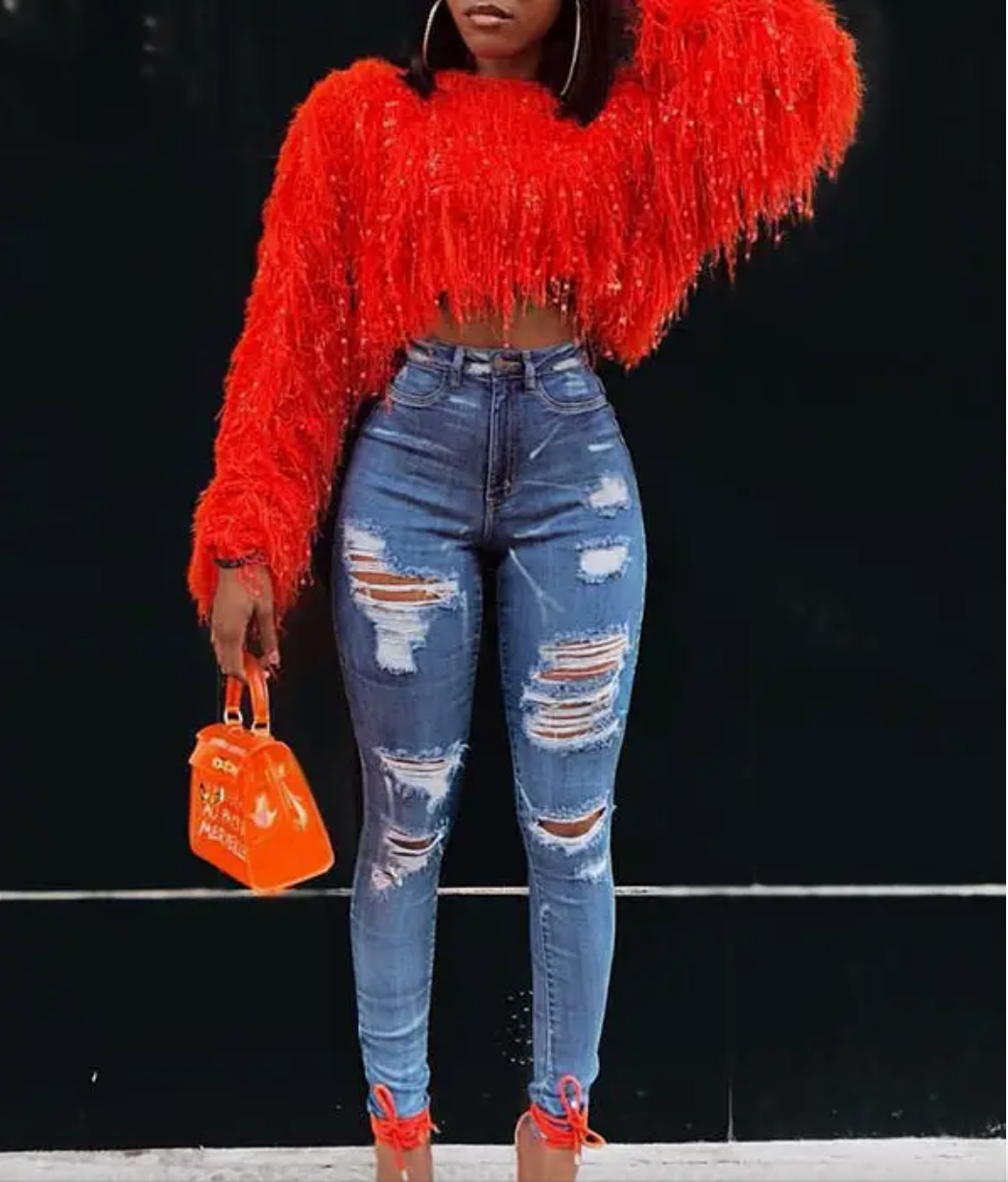 Long Sleeves Loose Hollow Sequined Tasseled Round-Neck Sweater Top