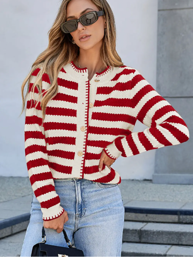 Red Stripe Chic Golden Button Cardigan Sweater