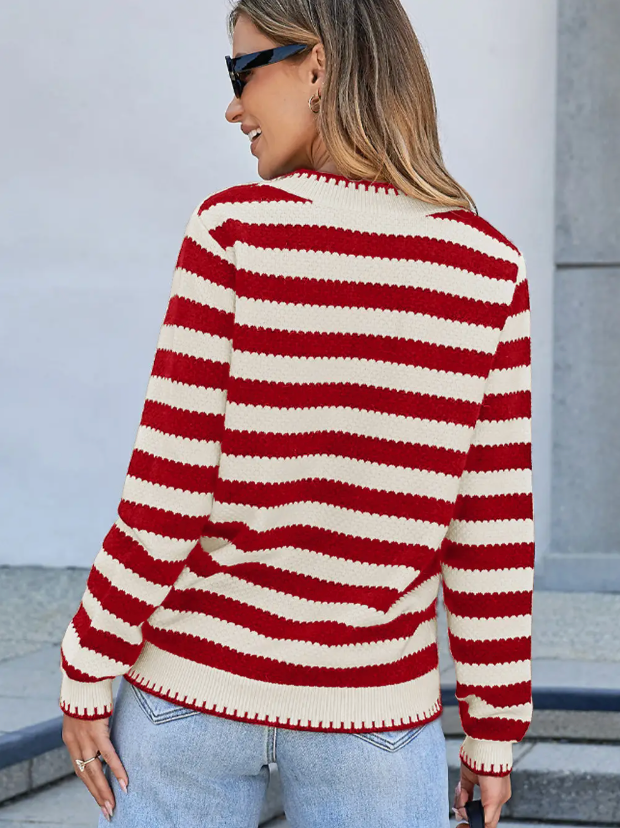 Red Stripe Chic Golden Button Cardigan Sweater