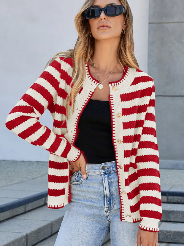 Red Stripe Chic Golden Button Cardigan Sweater