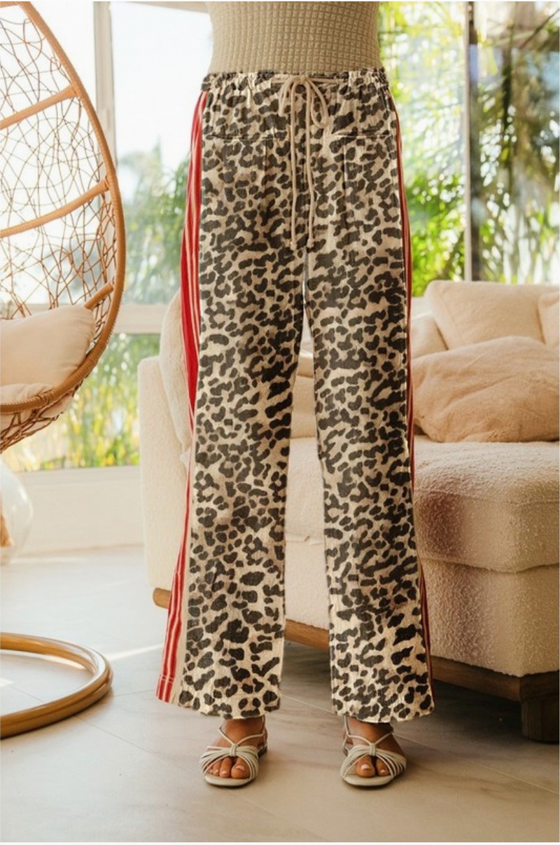 Leopard Print Side Contrast Wide Pants