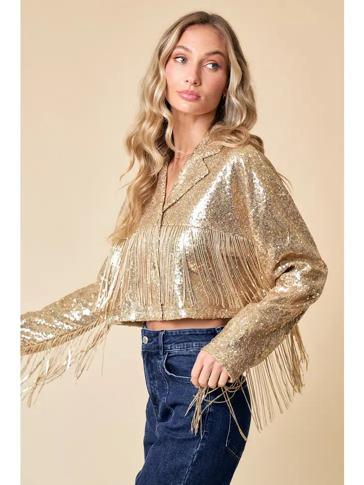 Gold Sequin Fringe Moto Jacket