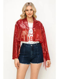 Red Sequin Fringe Moto Jacket