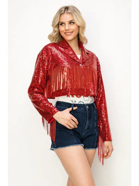 Red Sequin Fringe Moto Jacket