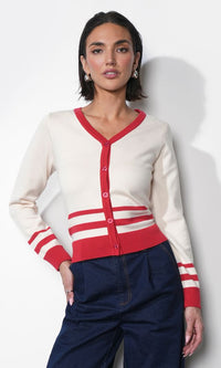 Piper Plunge Neck Stripe Button Front Knit Top