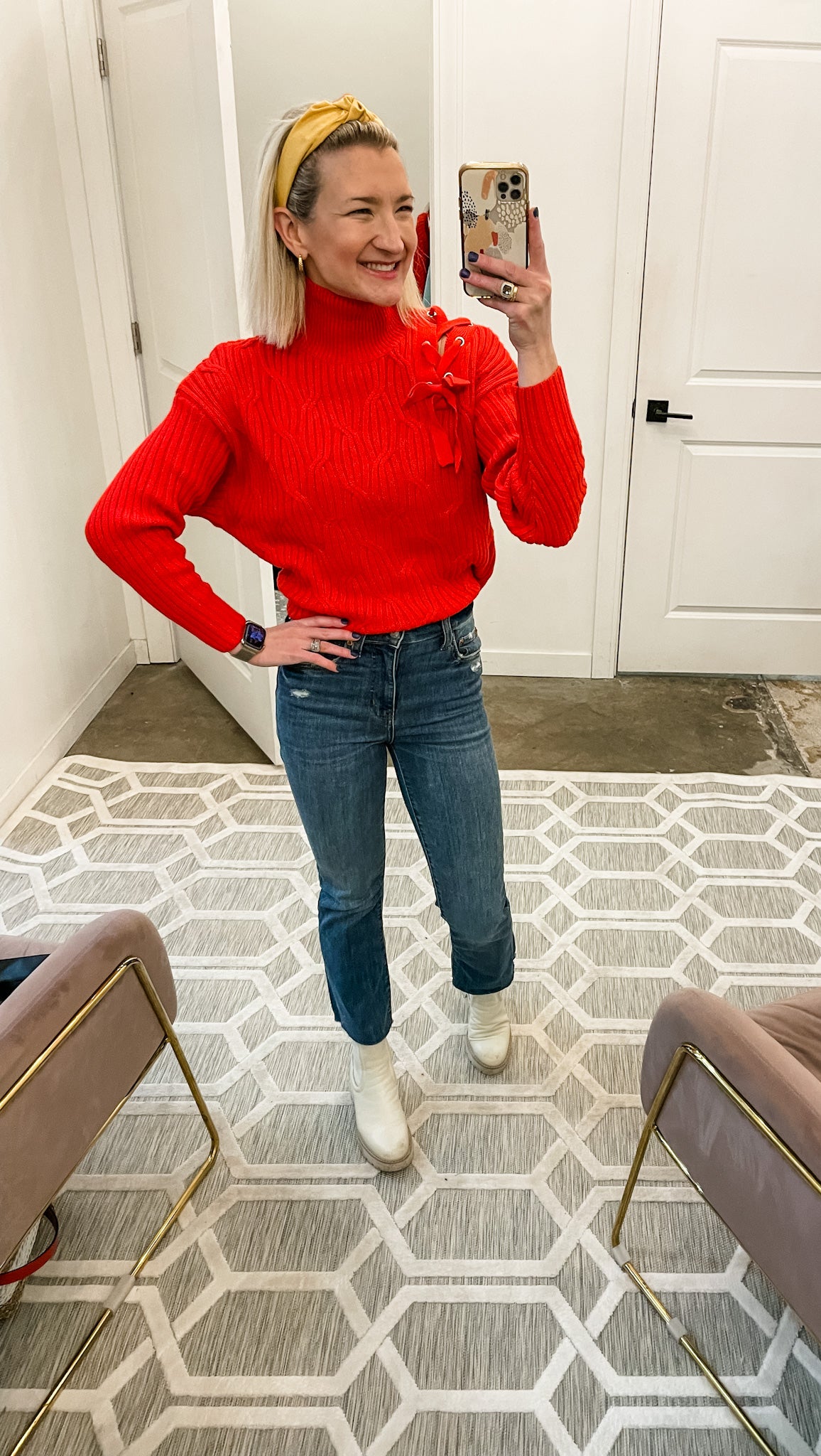 Red Cable Knit Lace Up Sweater