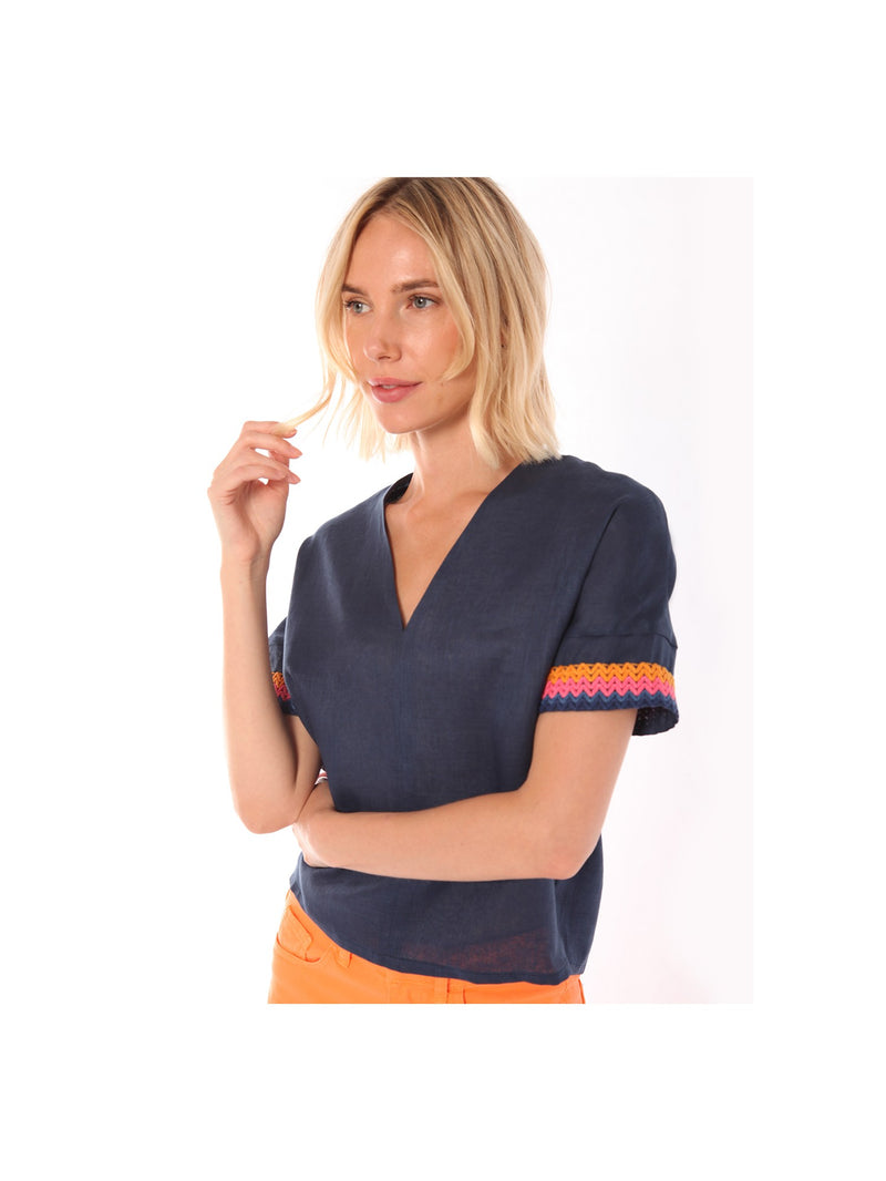 Roxanne Navy Linen Blouse